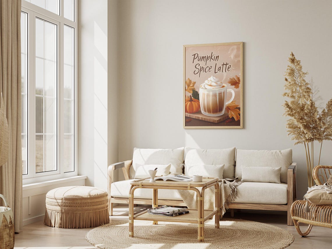 Pumpkin Spice Latte With Whipped Cream and Autumn Leaves Poster - Image 4