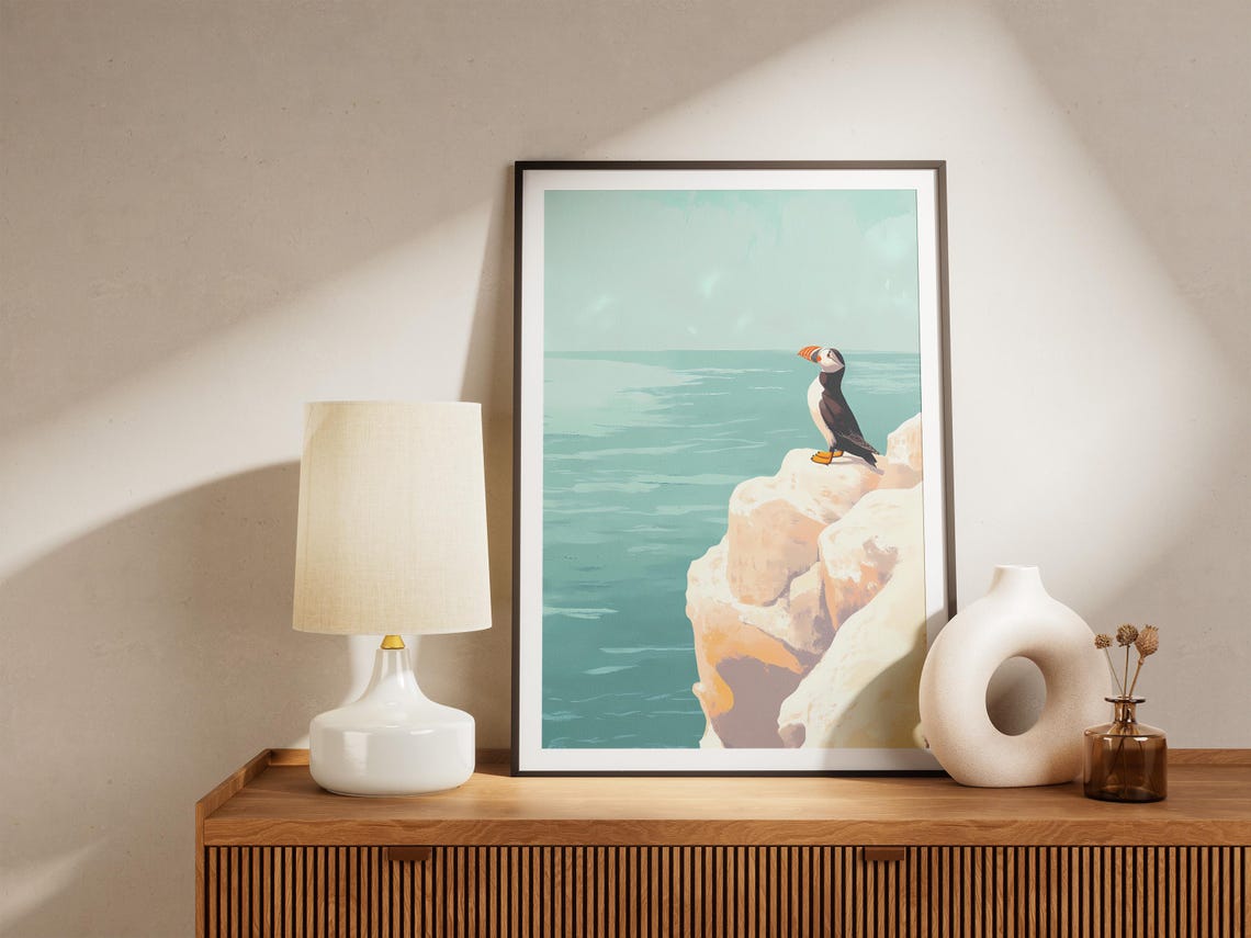 Puffin Looking Out to Sea from a White Cliff Edge Art Poster - Image 5