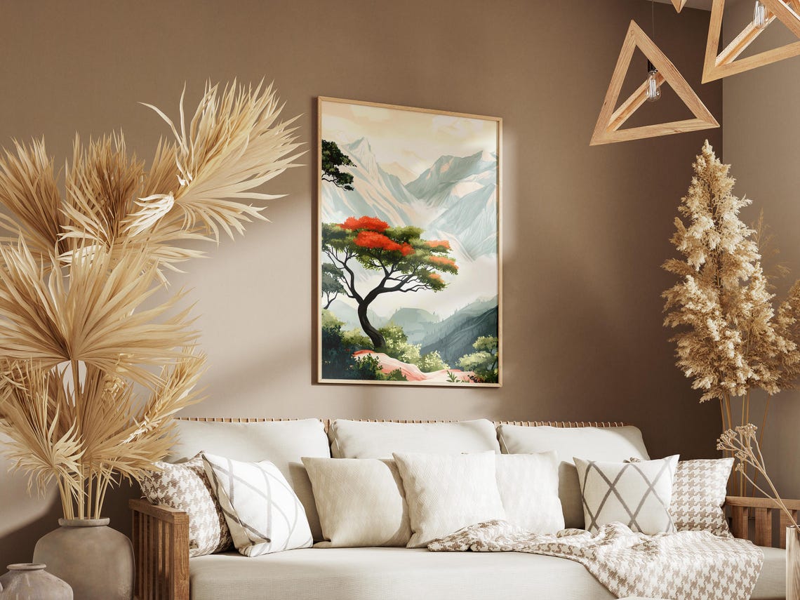 Red Blossom Tree Standing Before Misty Mountain Peaks Poster - Image 3