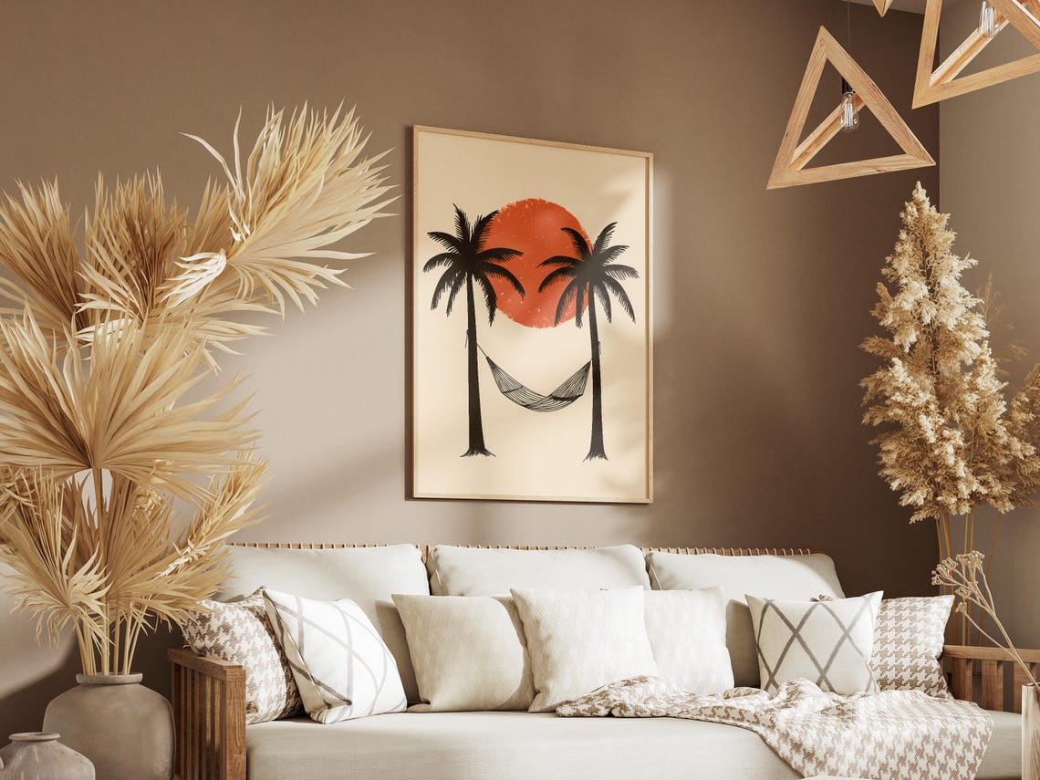 Two Palm Trees with a Hammock Swaying Under a Terracotta Sun Poster - Image 3