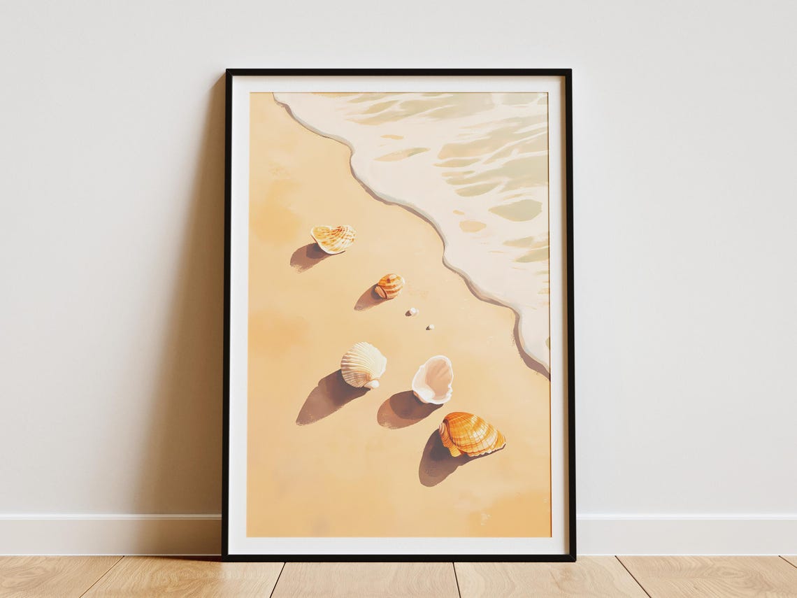 Seashells on Sandy Beach Surf Minimalist Coastal Summer Wall Art