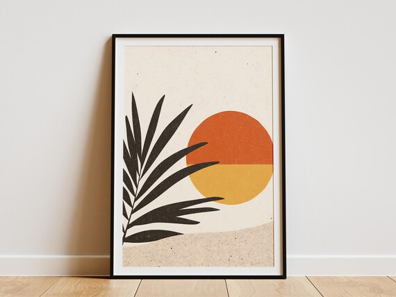 Minimalist Palm Fronds Beach Sunset Wall Art Print Tropical Summer Boho Home Decor Orange Yellow Black Sand Poster Modern