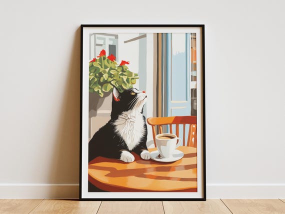 Cat Cafe Art Print Cozy Coffee Shop Poster Black And White Wall Decor Matisse Style Painting Modern Home Lover Gift