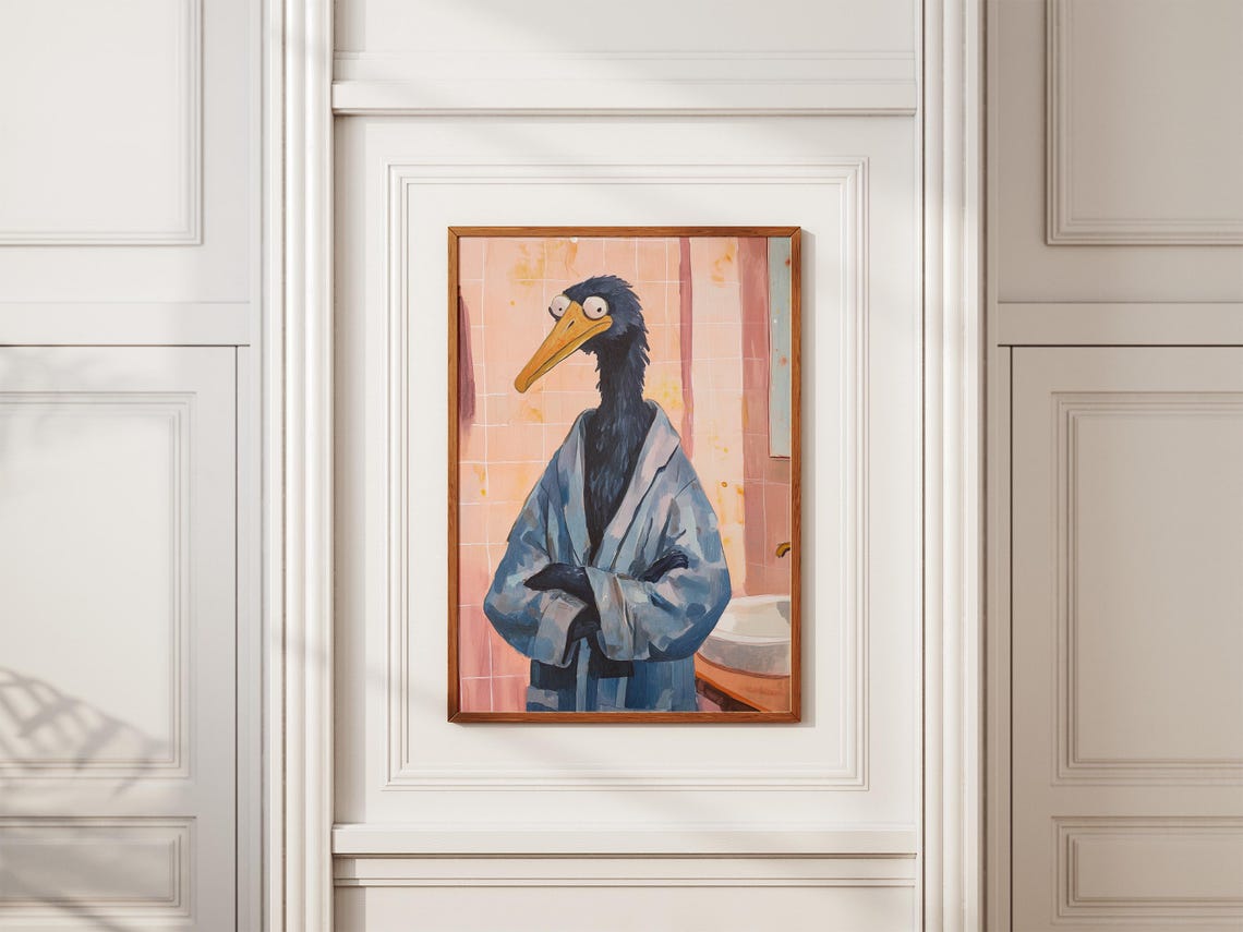 Shoebill Bird Wearing Blue Bathrobe Pink Tile Bathroom Poster - Image 2