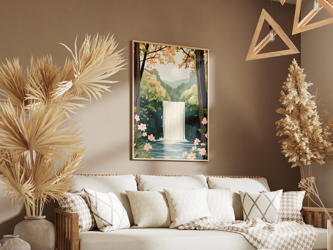 Forest Waterfall Clearing Pink Cosmos Flowers Autumn Leaves Art Poster - Image 3