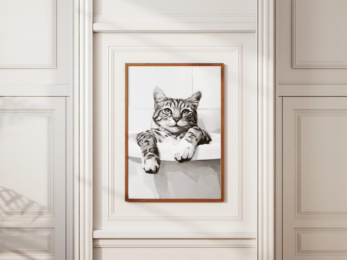 Lazy Tabby Cat in Bathtub Relaxed Minimalist Bathroom Poster - Image 2
