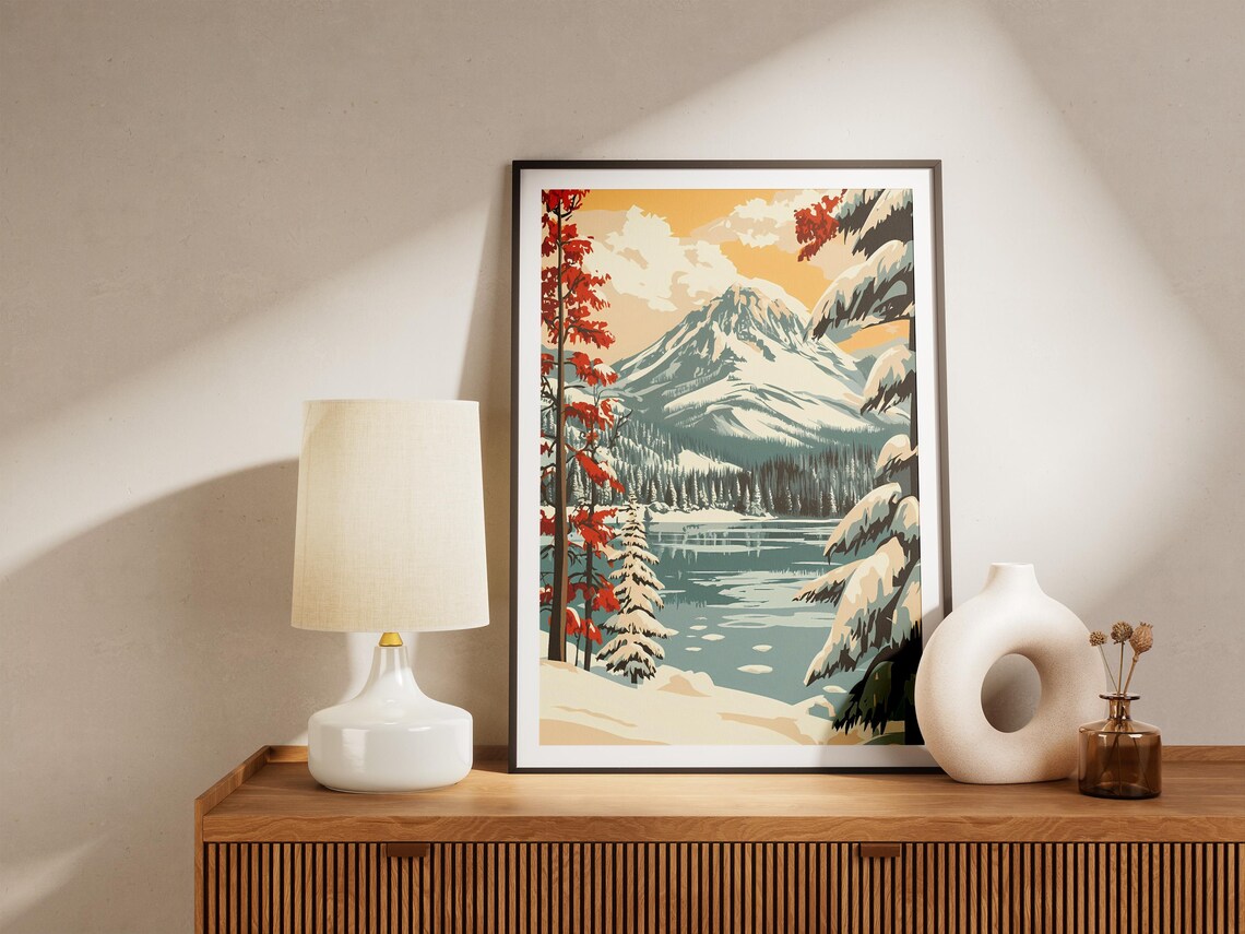 Lassen Volcanic Snowy Peak Above a Mountain Lake Travel Poster - Image 5