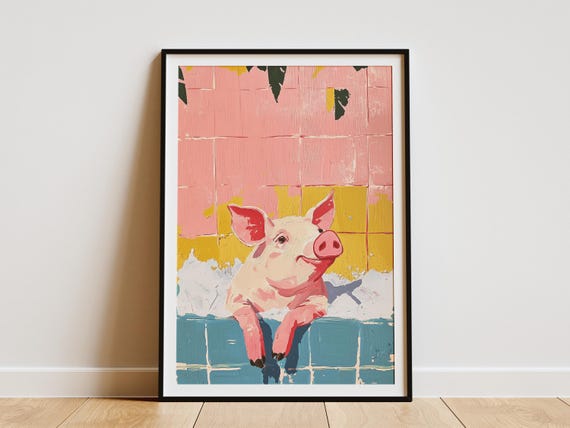 Pink Pig in Foam Bathtub, Whimsical Bathroom Art Print