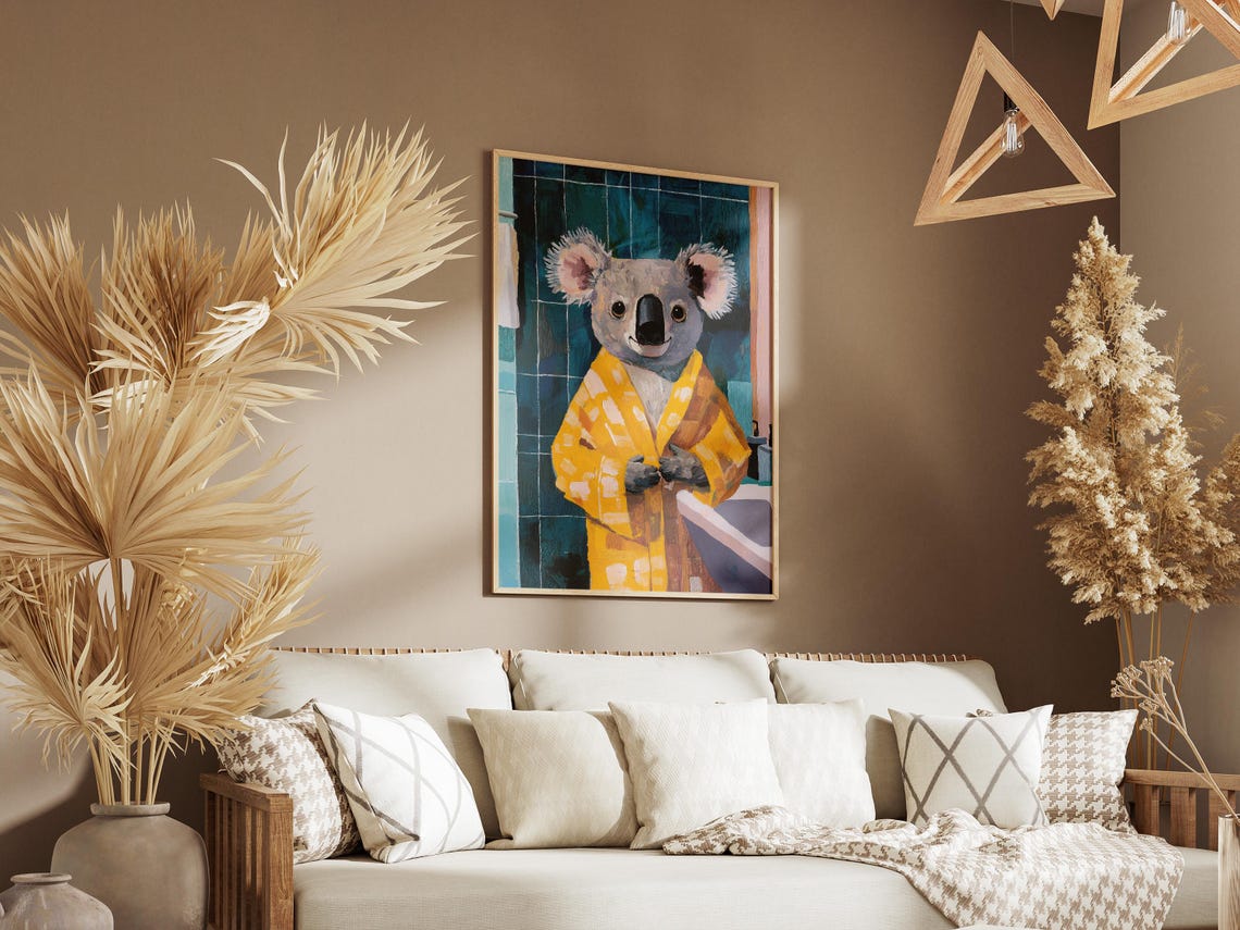 Cute Koala In A Yellow Bathrobe Against Dark Teal Tiles Poster - Image 3