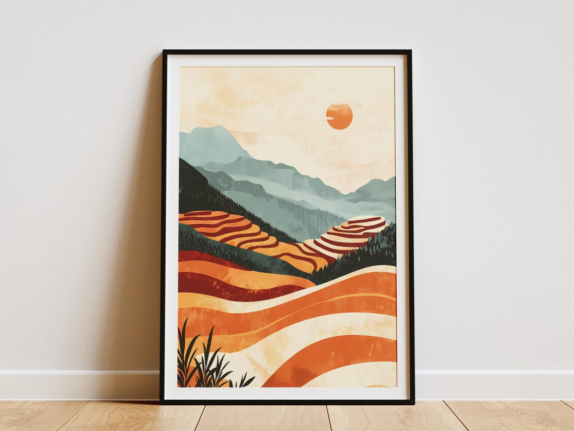 China Terraced Hills Orange Striped Fields Small Sun Art Poster