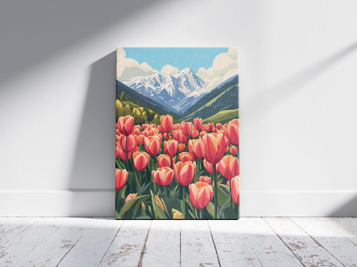 Red Tulip Field Snow Capped Mountain Peak Spring Landscape Poster - Image 2