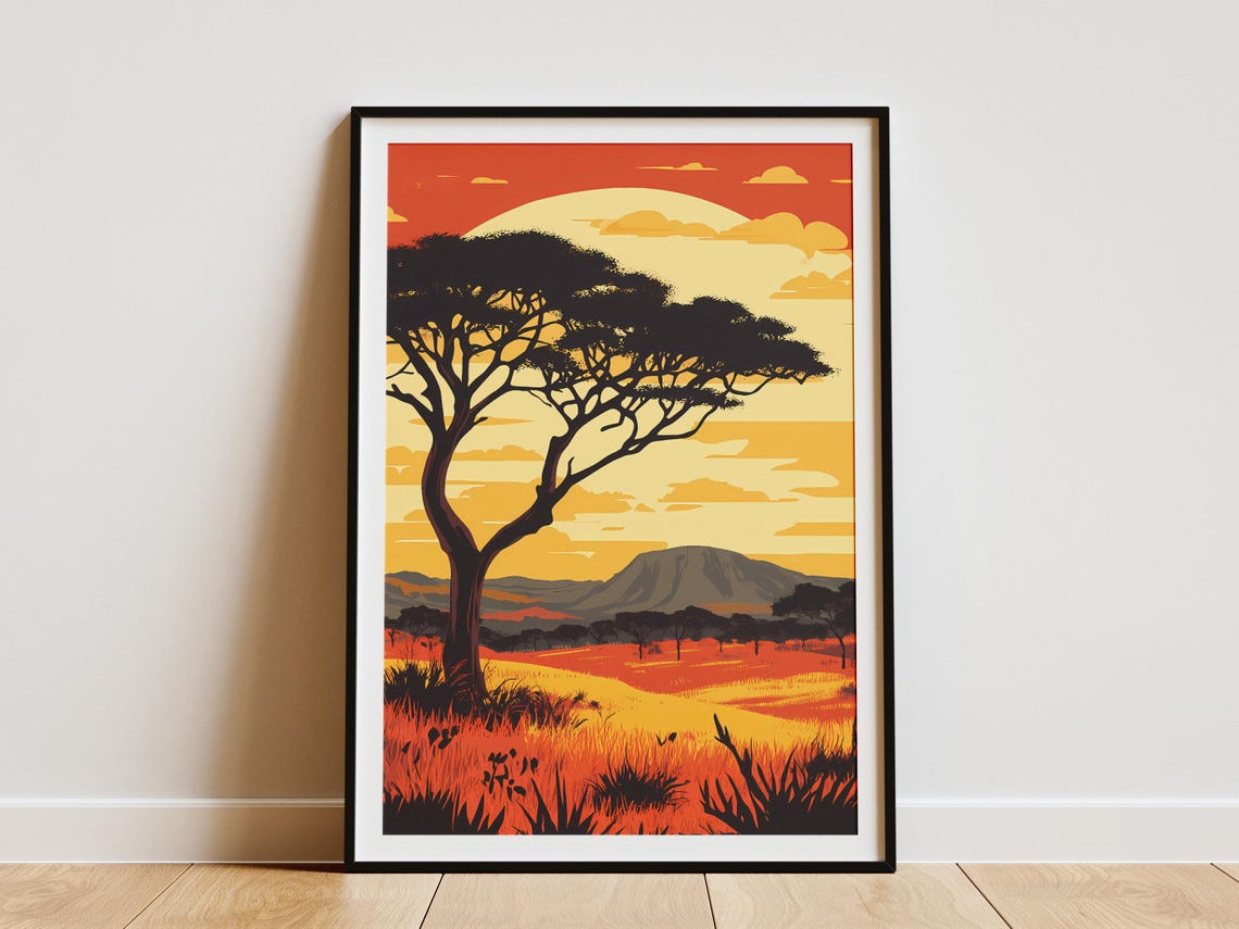 African Savanna Sunset Acacia Tree Silhouette Illustration Poster