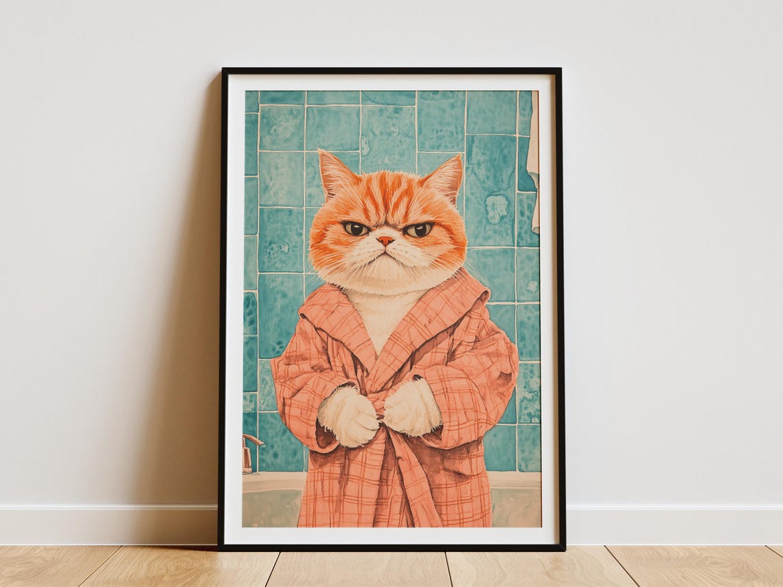 Grumpy Orange Cat In Pink Bathrobe Funny Bathroom Art Poster
