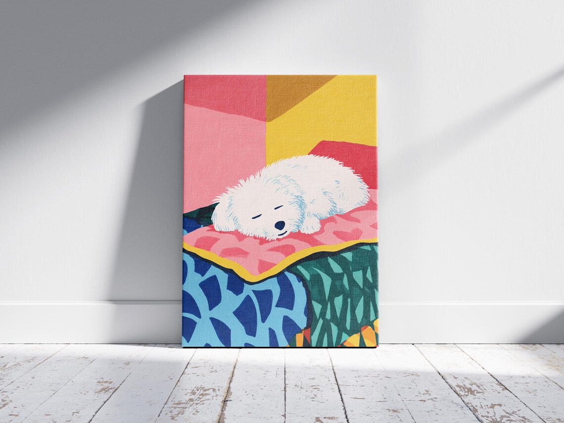 Small White Dog Sleeping on Colorful Quilts in a Playful Modern Art Poster - Image 2