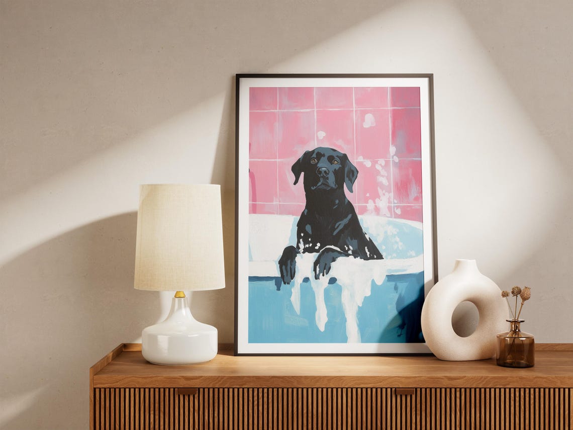 Black Labrador Retriever in Foamy Bathtub Pink Tile Cute Dog Poster - Image 4