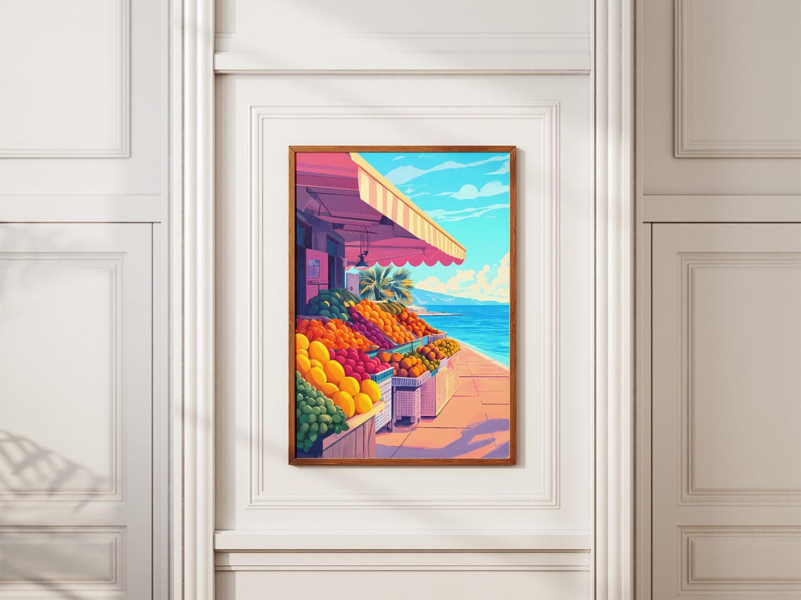 Vibrant Seaside Fruit Market Stall Under a Striped Awning Poster - Image 2