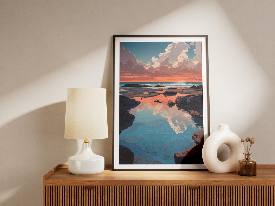 Sunset Over Rocky Tide Pool Ocean Reflections Coastal Scene Art Poster - Image 4