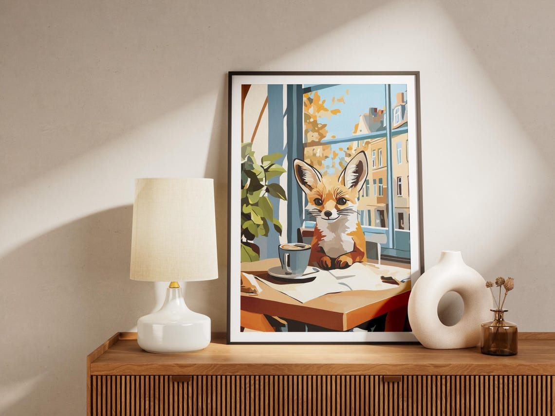 Fennec Fox with Coffee and Newspaper at a Sunny Cafe Table Poster - Image 4