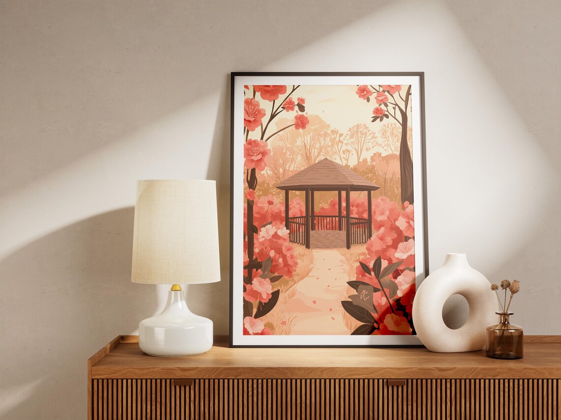 Camellia Garden Wooden Gazebo Blush Blossom Retreat Art Poster - Image 5