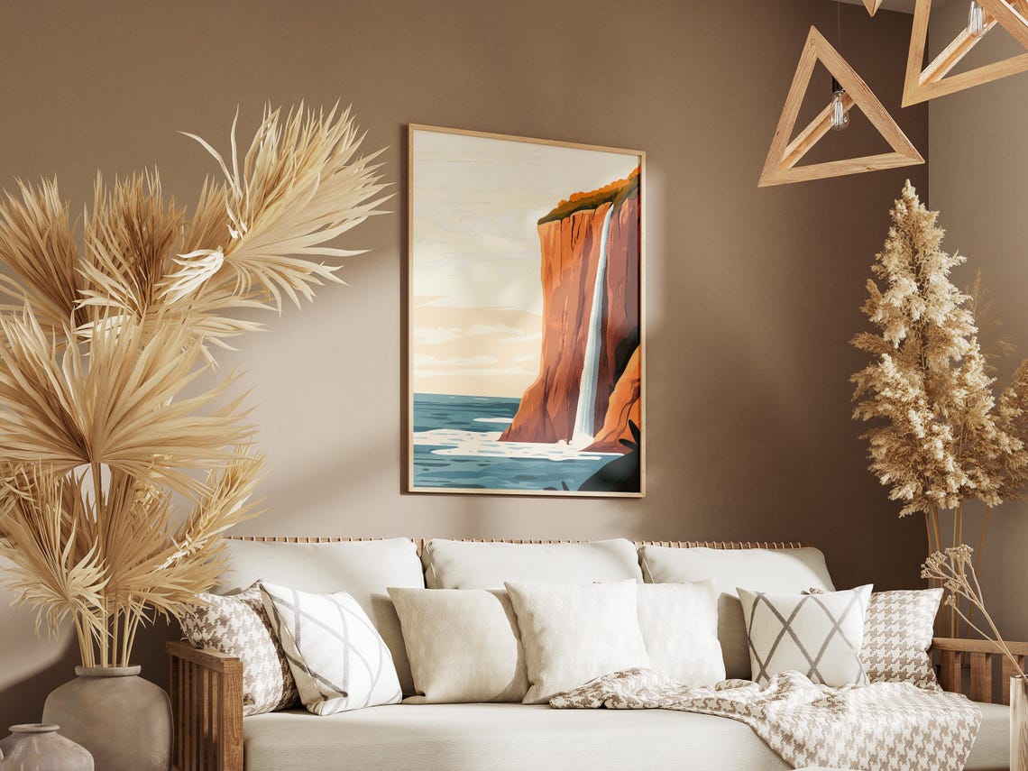 Ocean Cliff Waterfall Pouring Into Sea Coastal Landscape Poster - Image 3