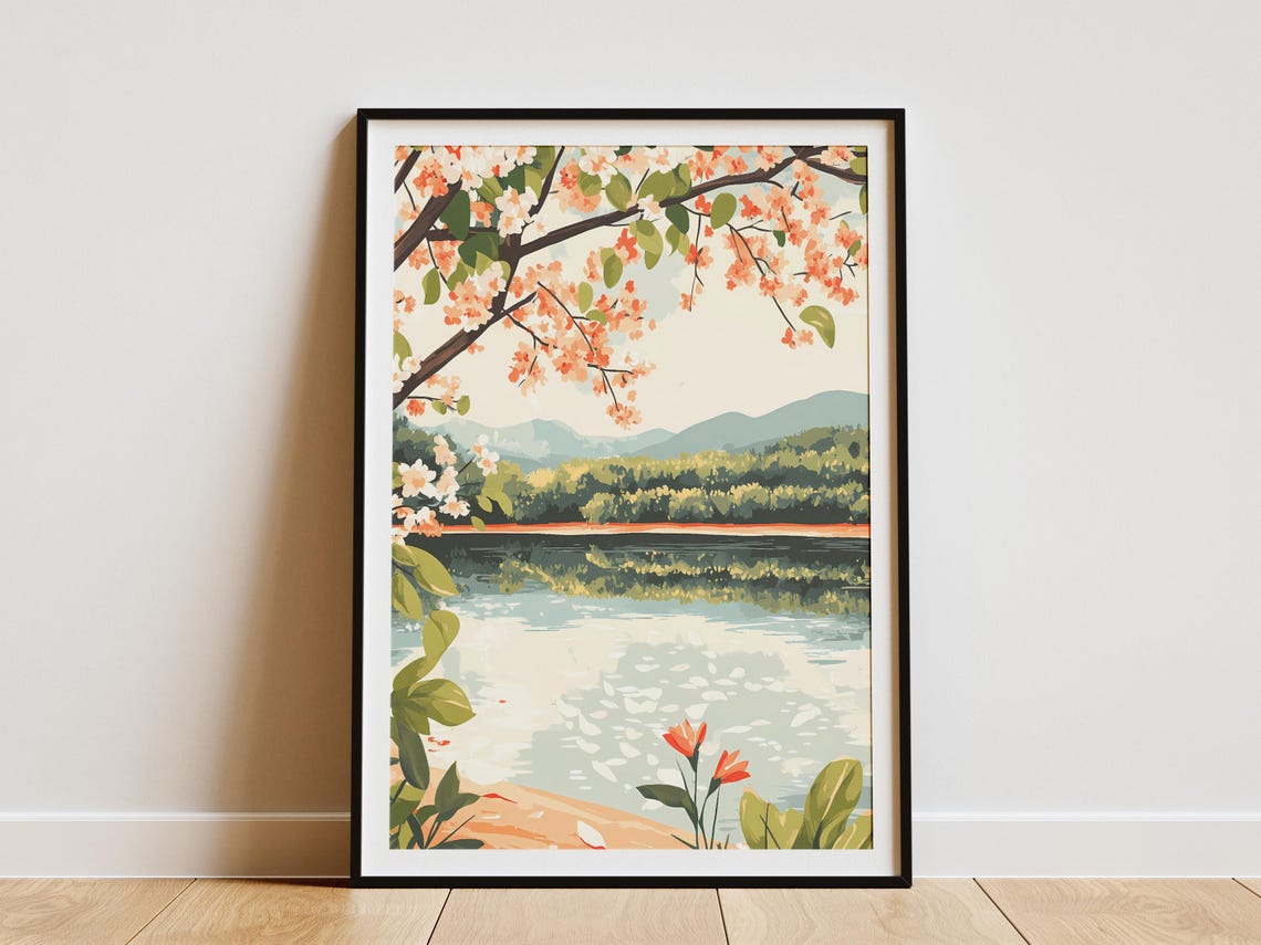 Blossoming Cherry Branch Over Calm Lake With Red Tulips Poster