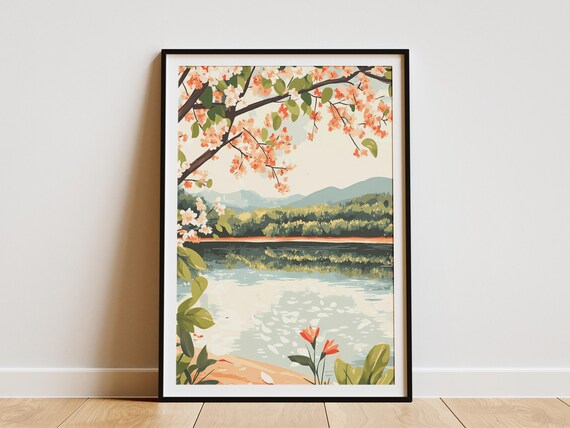 Peaceful River Bend Spring Landscape Posternature Art Printflowering Tree Postercalm Water Scenebotanical Illustrationlake Posterriver Art