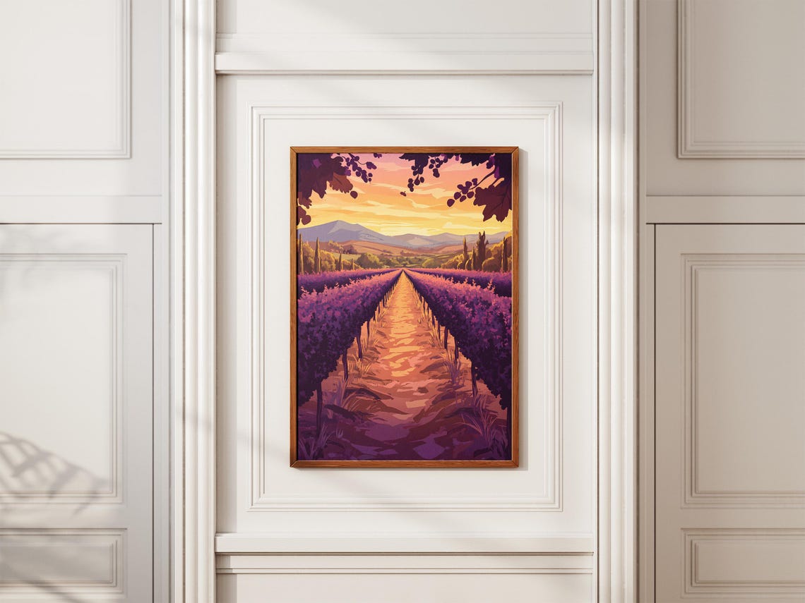 Lavender Vineyard Sunset Landscape Poster Purple Vineyard Dusk French Countryside Art Print Wine Country Decor Vintage Travel Poster - Image 2