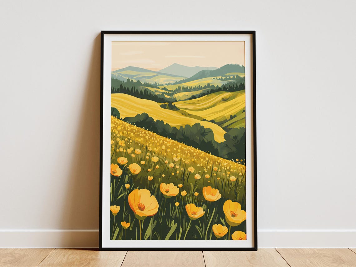 Yellow Wildflower Field Rolling Green Hills Meadow Spring Poster