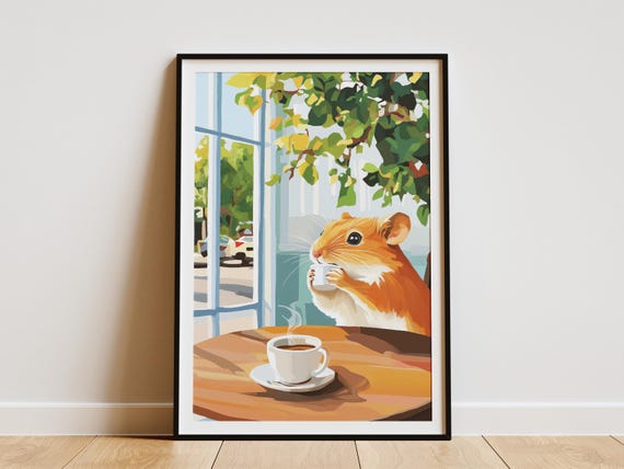 Hamster Coffee Cafe Art Print Matisse Style Animal Poster Whimsical Wall Decor Cute Rodent Lover Gift Scene