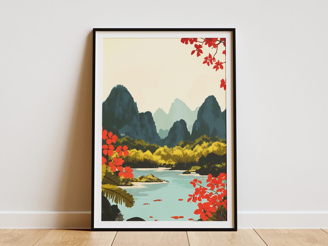 Yangshuo China Karst Mountains River Red Blossoms Travel Poster