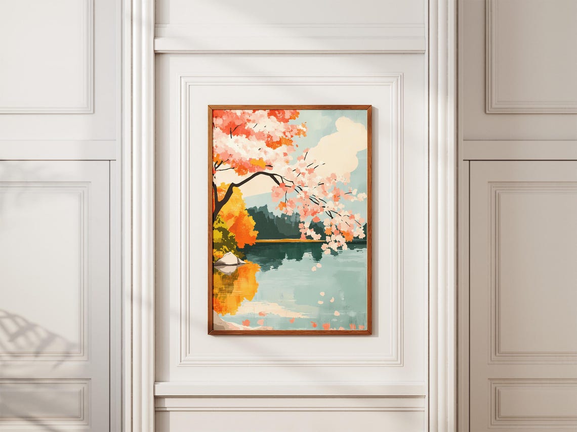 Cherry Blossom Lake Reflection Autumn Landscape Calm Water Poster - Image 2