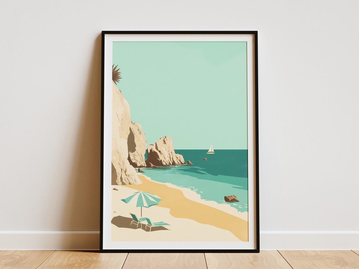 Horseshoe Bay Bermuda Beach Umbrella Cliffs Sailboat Travel Poster