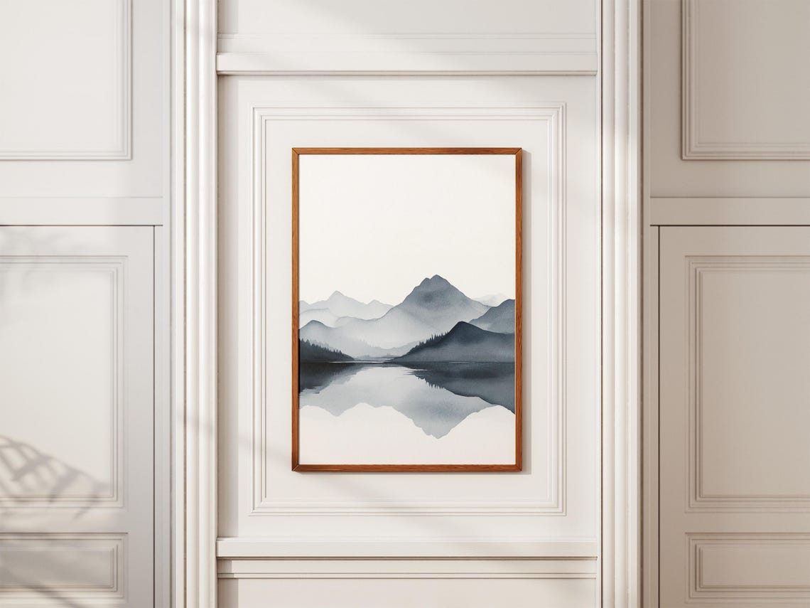 Misty Blue Watercolor Mountains Lake Reflection Japandi Art Poster - Image 2