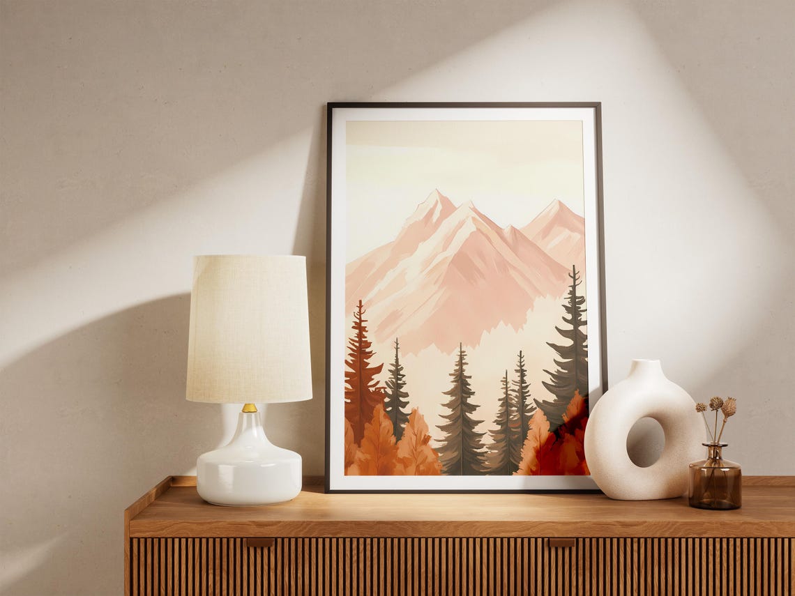 Pastel Pink Mountain Peaks Autumn Pines Minimalist Style Poster - Image 5
