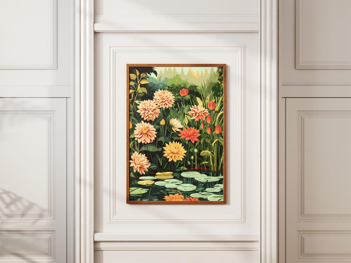 Dahlia Flower Pond With Lily Pads Summer Garden Botanical Poster - Image 2