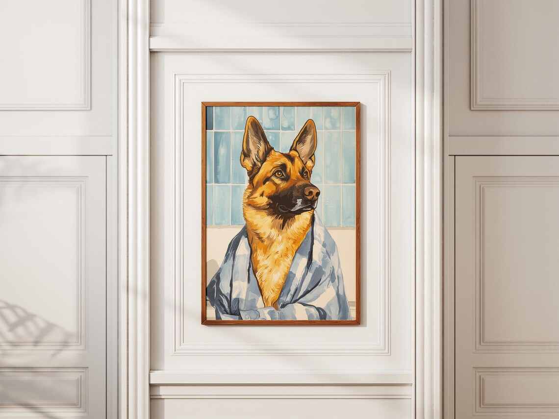 German Shepherd In Bathrobe Funny Bathroom Dog Portrait Art Poster - Image 2