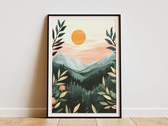 Sunrise Mountain Forest Poster, Minimalist Nature Art Print