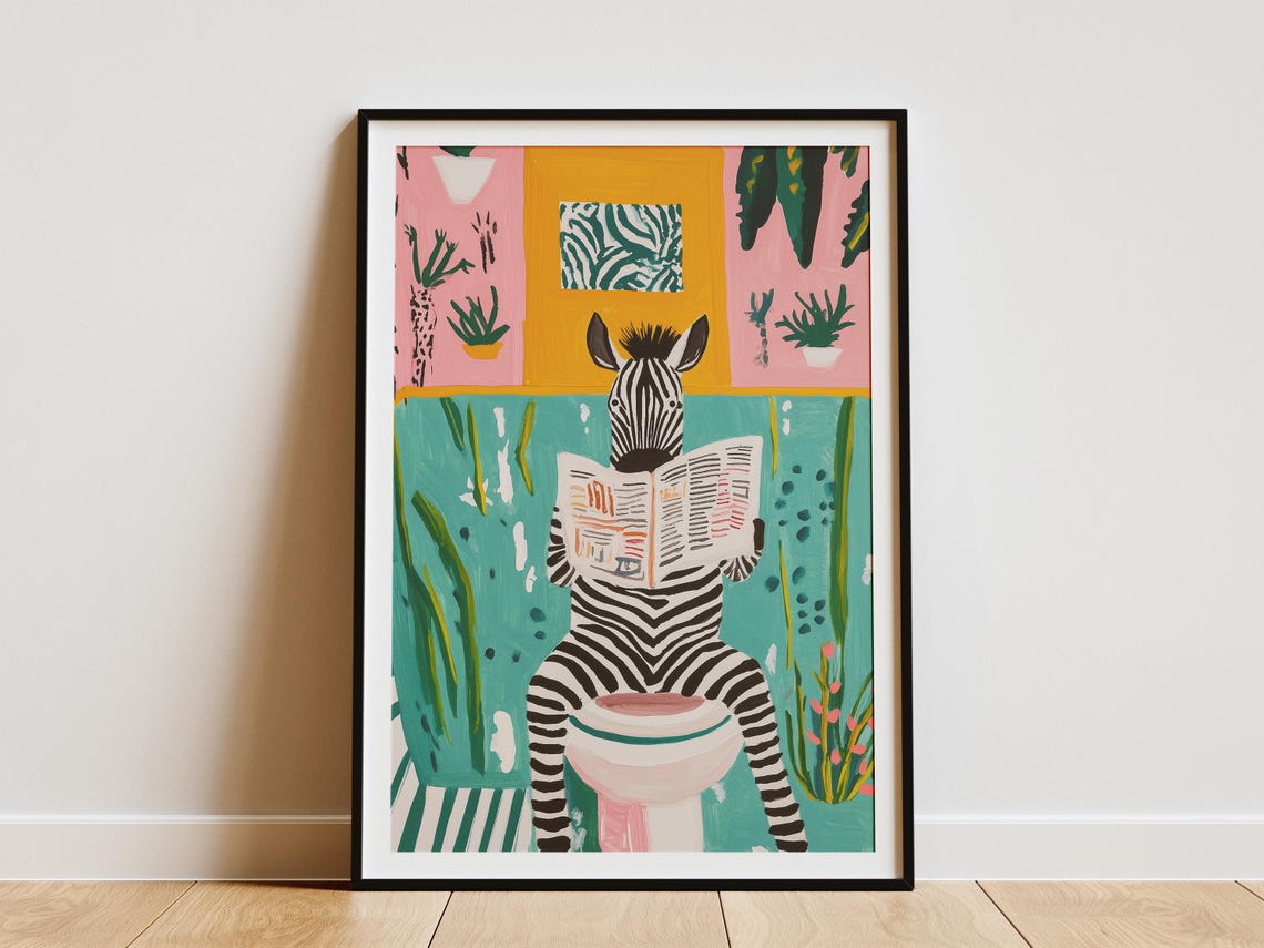 Zebra Reading Newspaper on Toilet Green Plant Bathroom Poster