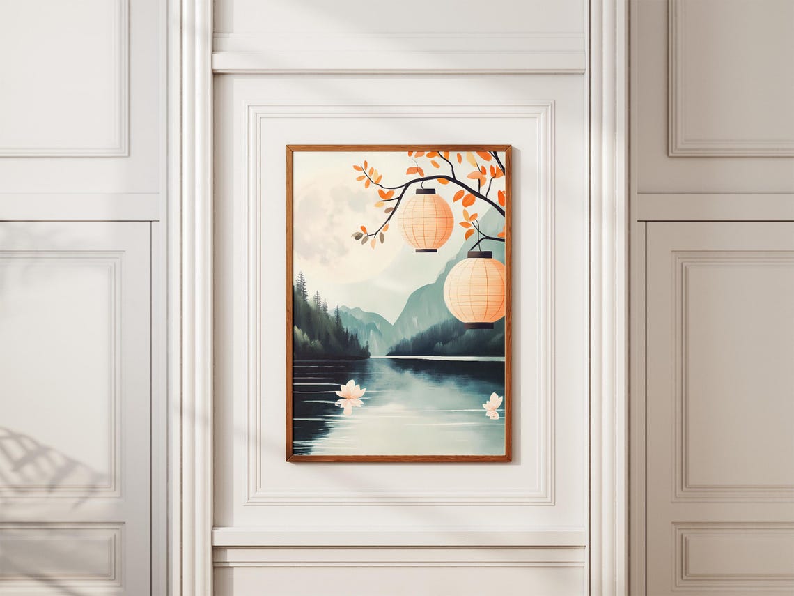 Paper Lanterns Over a Moonlit Lake With Lotus Flowers Poster - Image 2