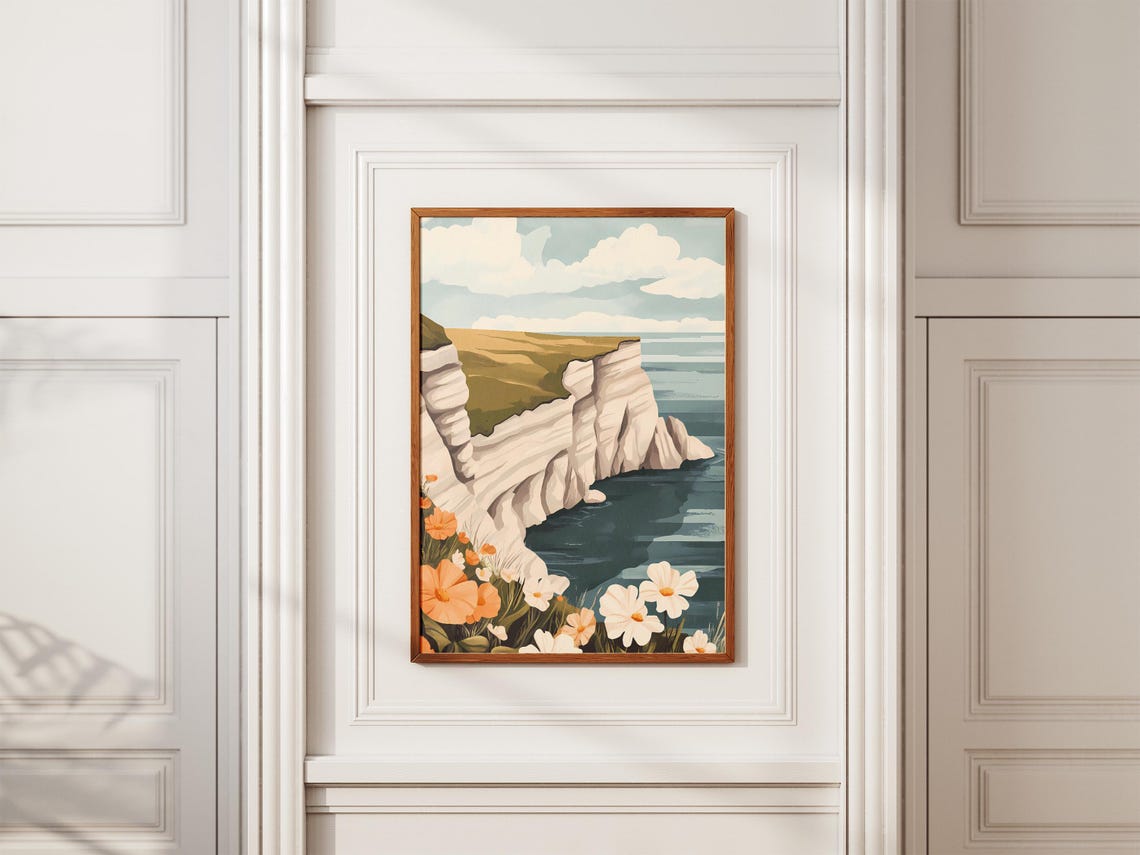 White Chalk Cliffs With Wildflowers Above The Sea Coast Poster - Image 2
