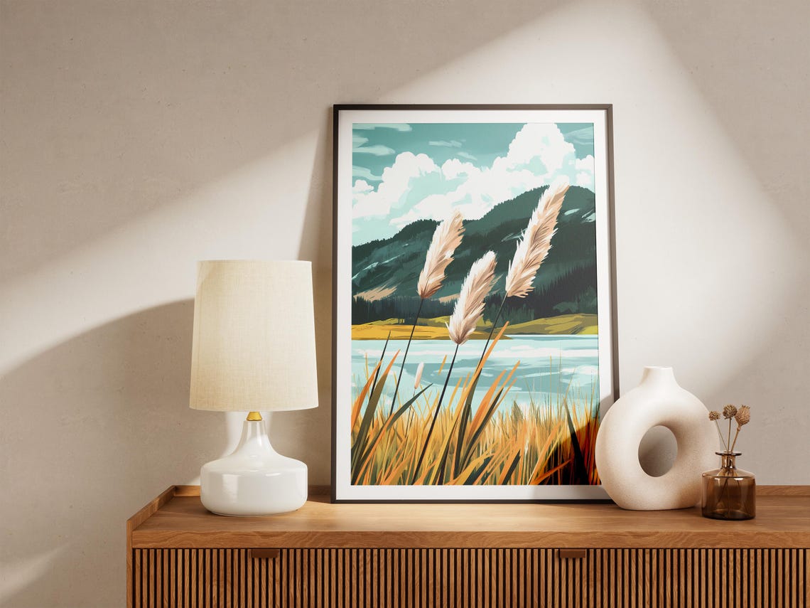 Cream Pampas Grass by a Turquoise Mountain Lake Scene Poster - Image 5