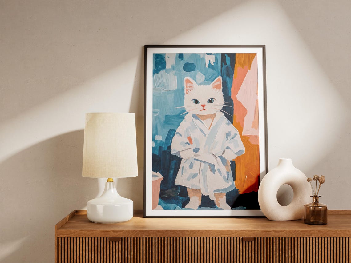 White Kitten White Bathrobe Painterly Blue Abstract Art Poster - Image 4