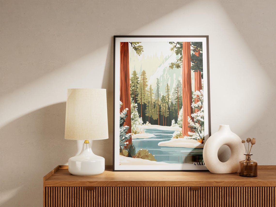 Snow Covered Winter Forest With Redwood Trees River Scene Poster - Image 4