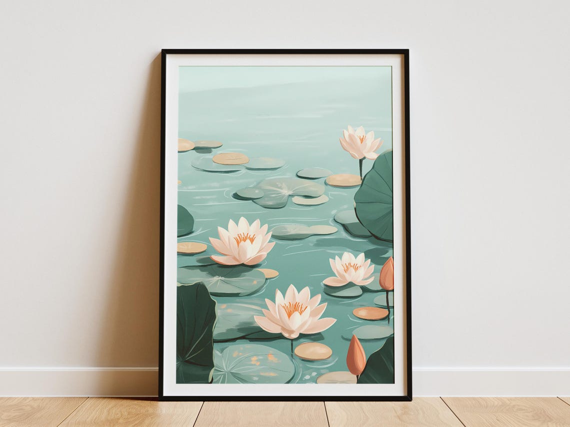 Pale Pink Water Lilies on a Teal Pond Poster With Lily Pads Calm