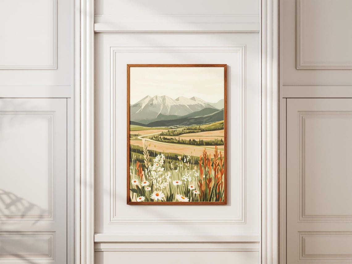 Snowy Mountain Range Over Wildflower Meadow Country Vista Poster - Image 2