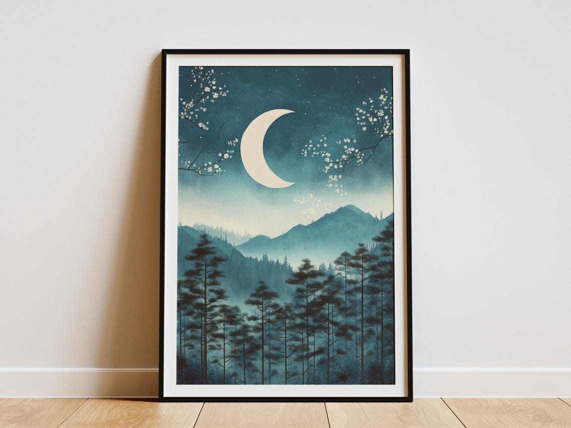 Pine Forest Under Crescent Moon Misty Mountains Asian Night Art Poster