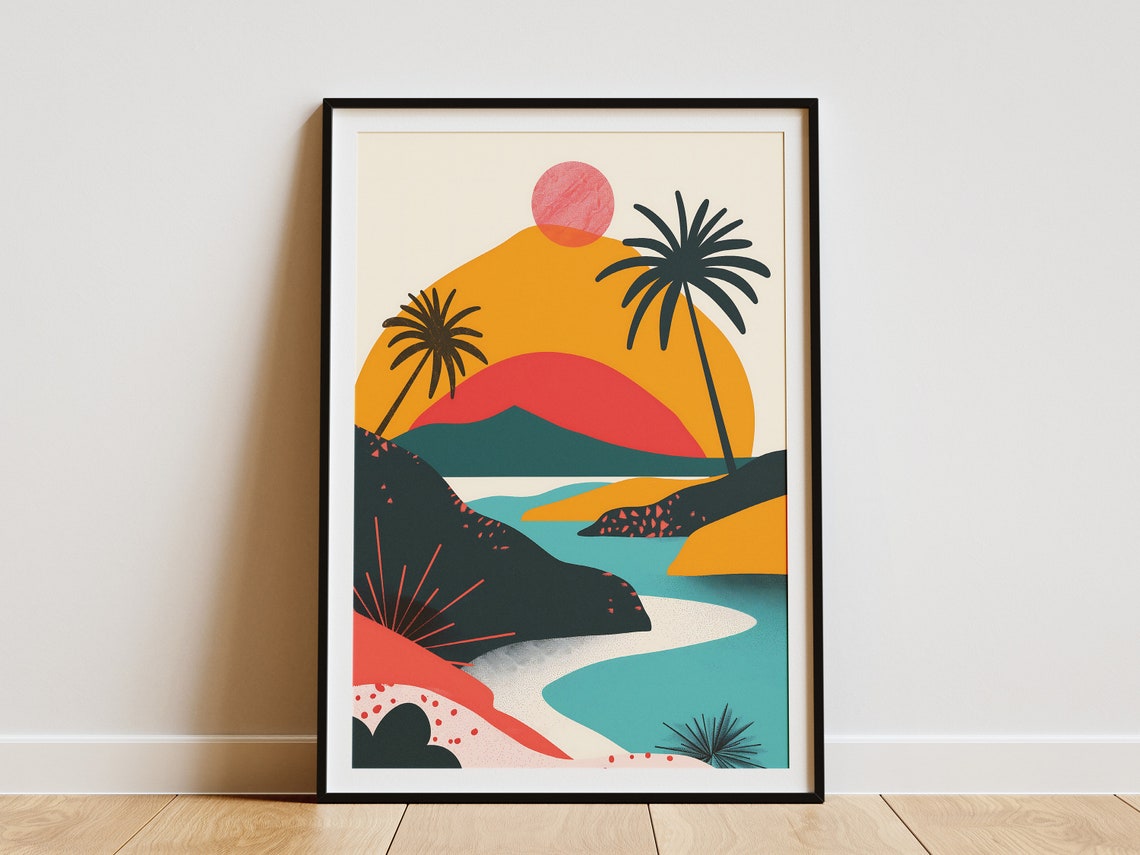 Tropical Beach Sunset With Palm Trees And Turquoise Cove Art Poster