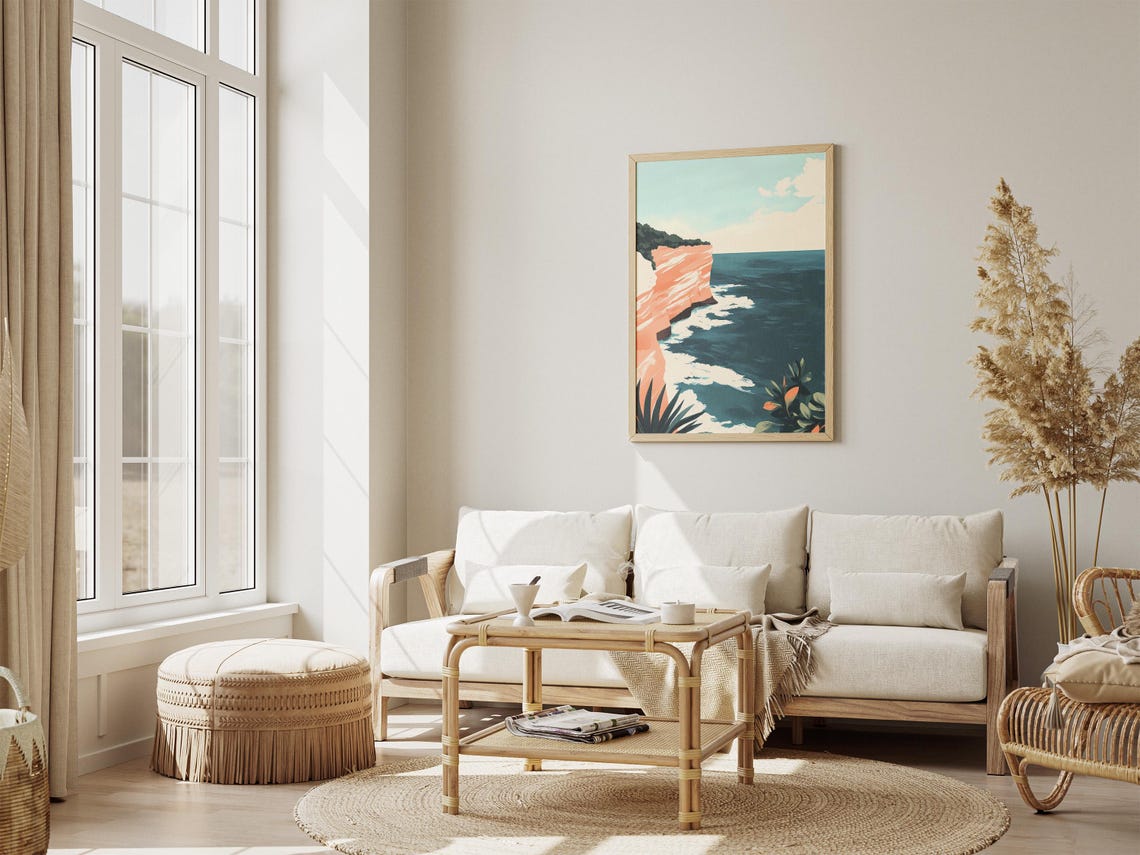 Peach Sea Cliffs Over Teal Ocean Waves Coastal Landscape Poster - Image 4