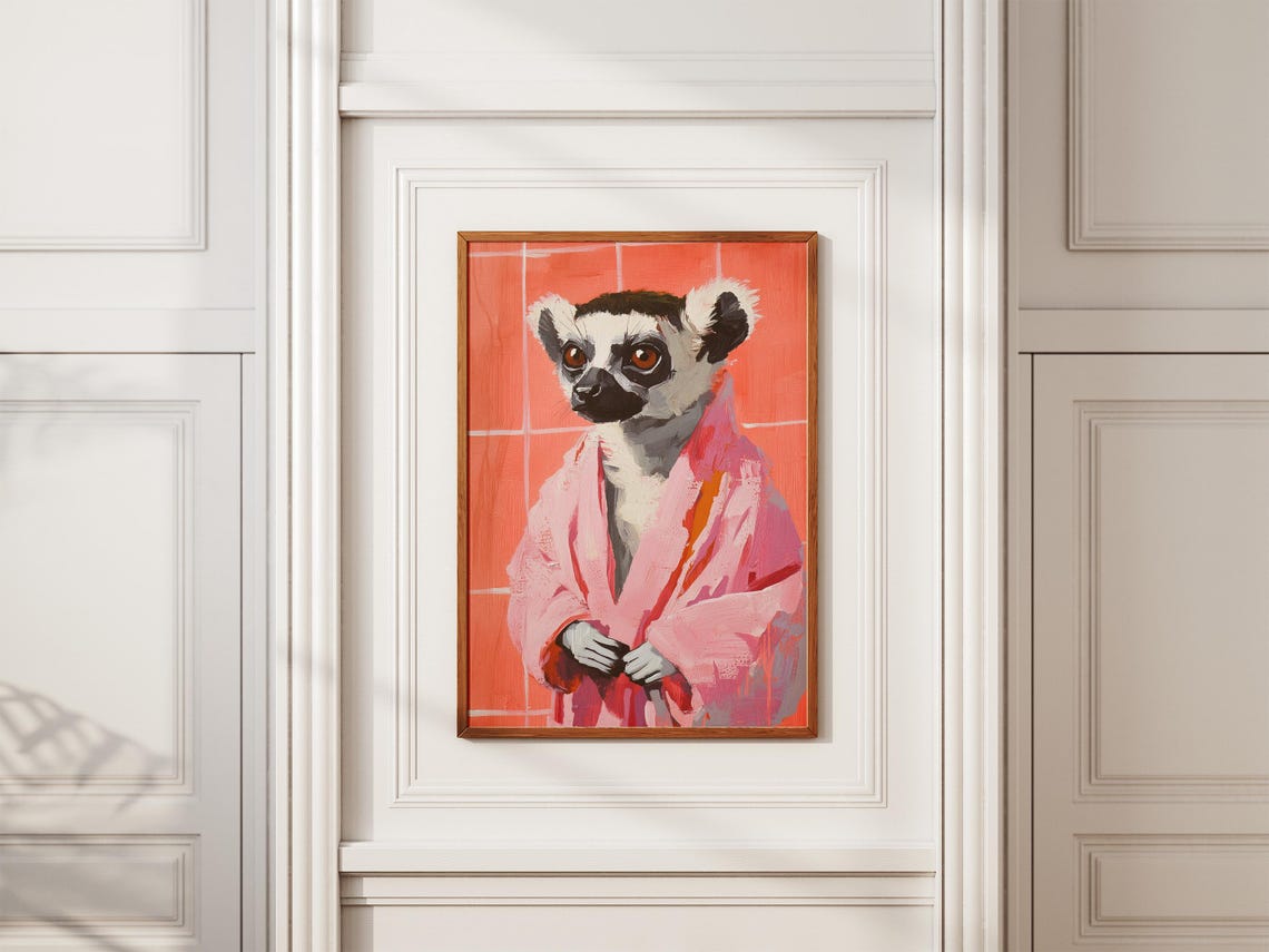 Ring Tailed Lemur in Pink Bathrobe Coral Bathroom Animal Poster - Image 2