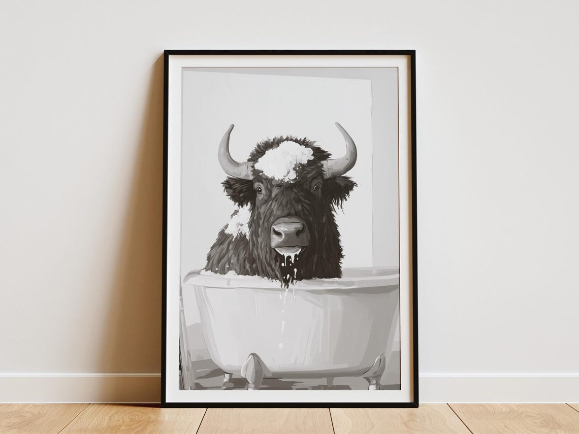 Bison In Bathtub Poster Bathroom Art Print Animal Wall Decor Funny Black And White Minimalist Bubble Bath
